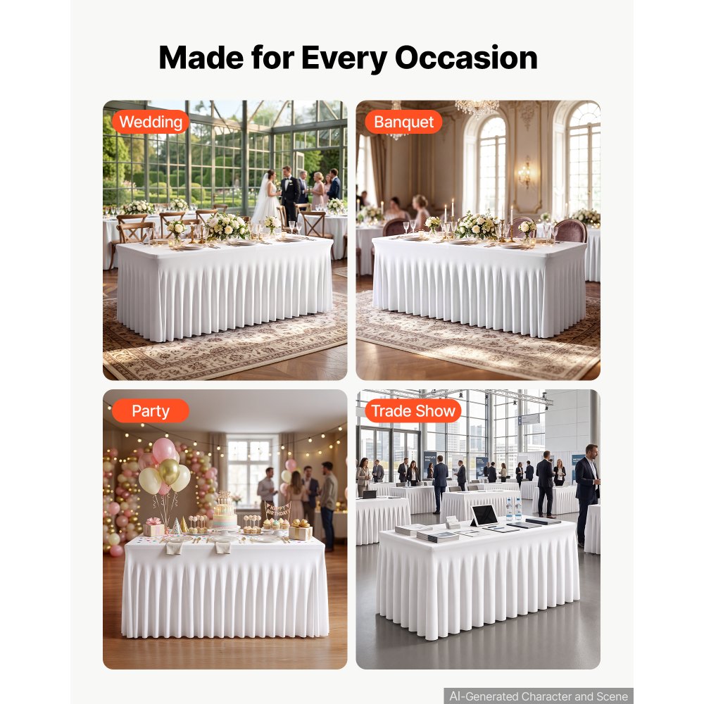 VEVOR Spandex Tablecloth with Skirt, 6 ft Rectangular Covers, 2 Pack, White, for Party Wedding Banquet Festival, Washable, Reusable, One-Piece, Tight, Fitted Table Cloth with Pleated Skirt