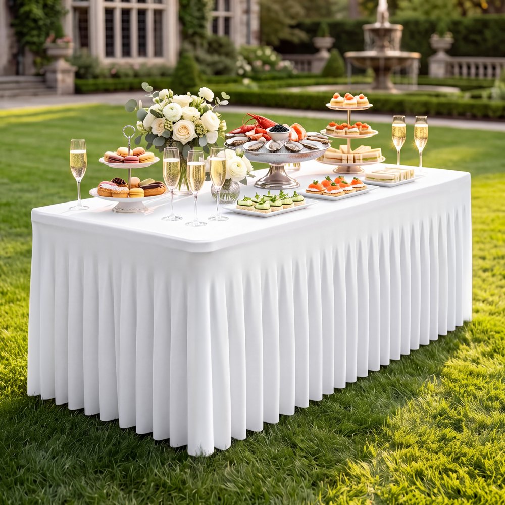 VEVOR Spandex Tablecloth with Skirt, 6 ft Rectangular Covers, 2 Pack, White, for Party Wedding Banquet Festival, Washable, Reusable, One-Piece, Tight, Fitted Table Cloth with Pleated Skirt
