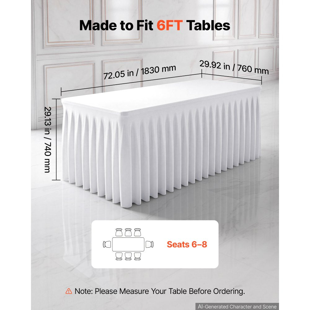 VEVOR Spandex Tablecloth with Skirt, 6 ft Rectangular Covers, 6 Pack, White, for Party Wedding Banquet Festival, Washable, Reusable, One-Piece, Tight, Fitted Table Cloth with Pleated Skirt