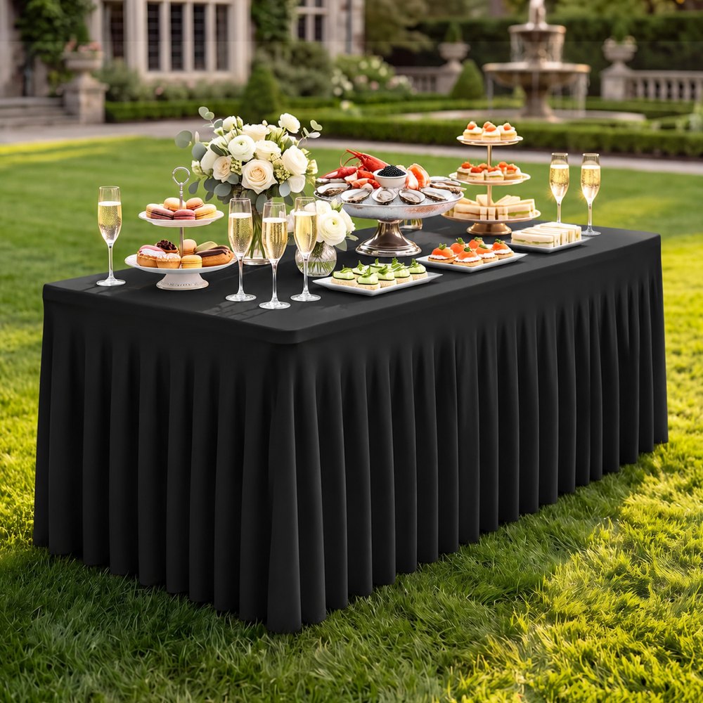 VEVOR Spandex Tablecloth with Skirt, 6 ft Rectangular Covers, 2 Pack, Black, for Party Wedding Banquet Festival, Washable, Reusable, One-Piece, Tight, Fitted Table Cloth with Pleated Skirt