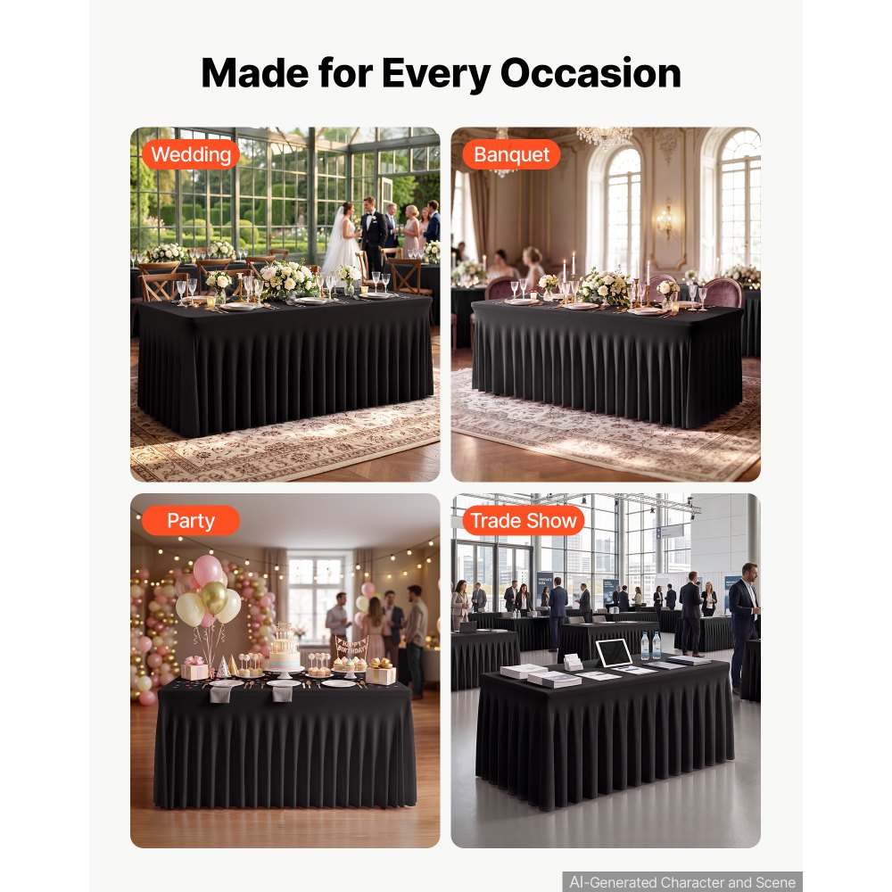 VEVOR Spandex Tablecloth with Skirt, 6 ft Rectangular Covers, 6 Pack, Black, for Party Wedding Banquet Festival, Washable, Reusable, One-Piece, Tight, Fitted Table Cloth with Pleated Skirt