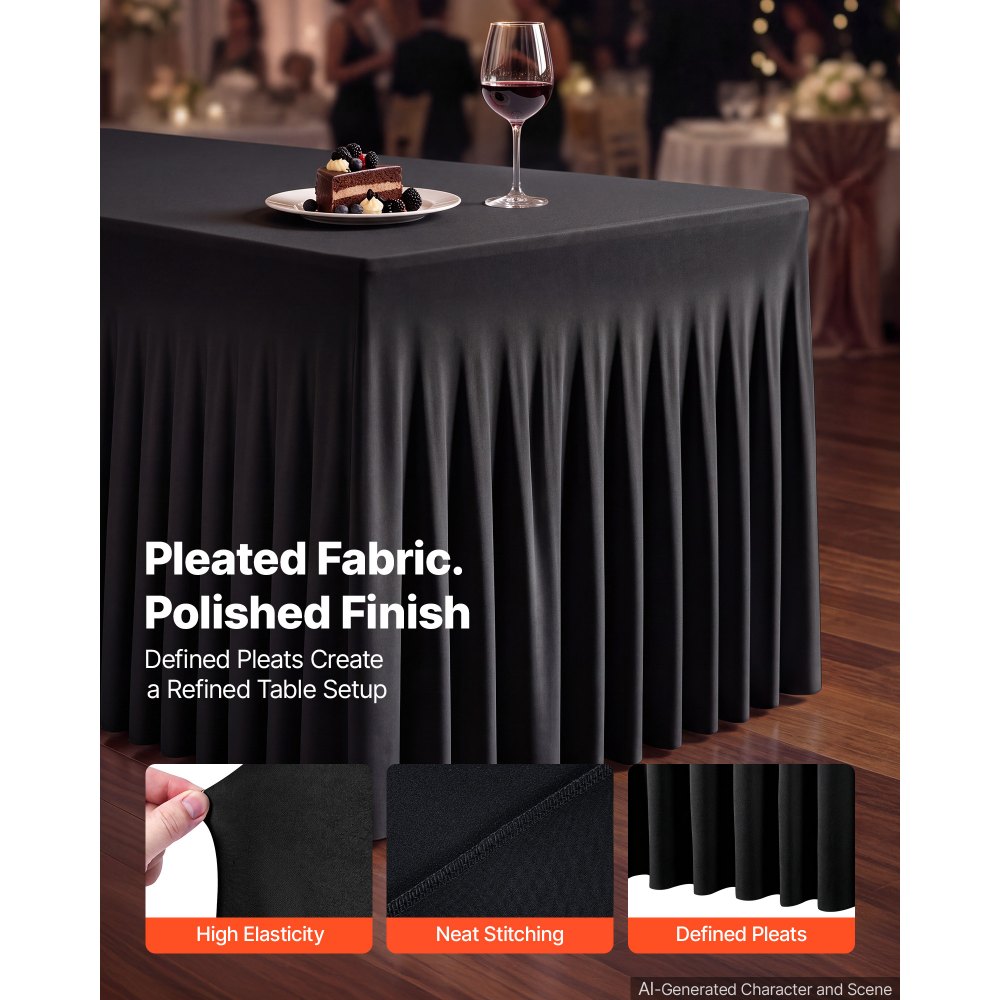 VEVOR Spandex Tablecloth with Skirt, 8 ft Rectangular Covers, 6 Pack, Black, for Party Wedding Banquet Festival, Washable, Reusable, One-Piece, Tight, Fitted Table Cloth with Pleated Skirt