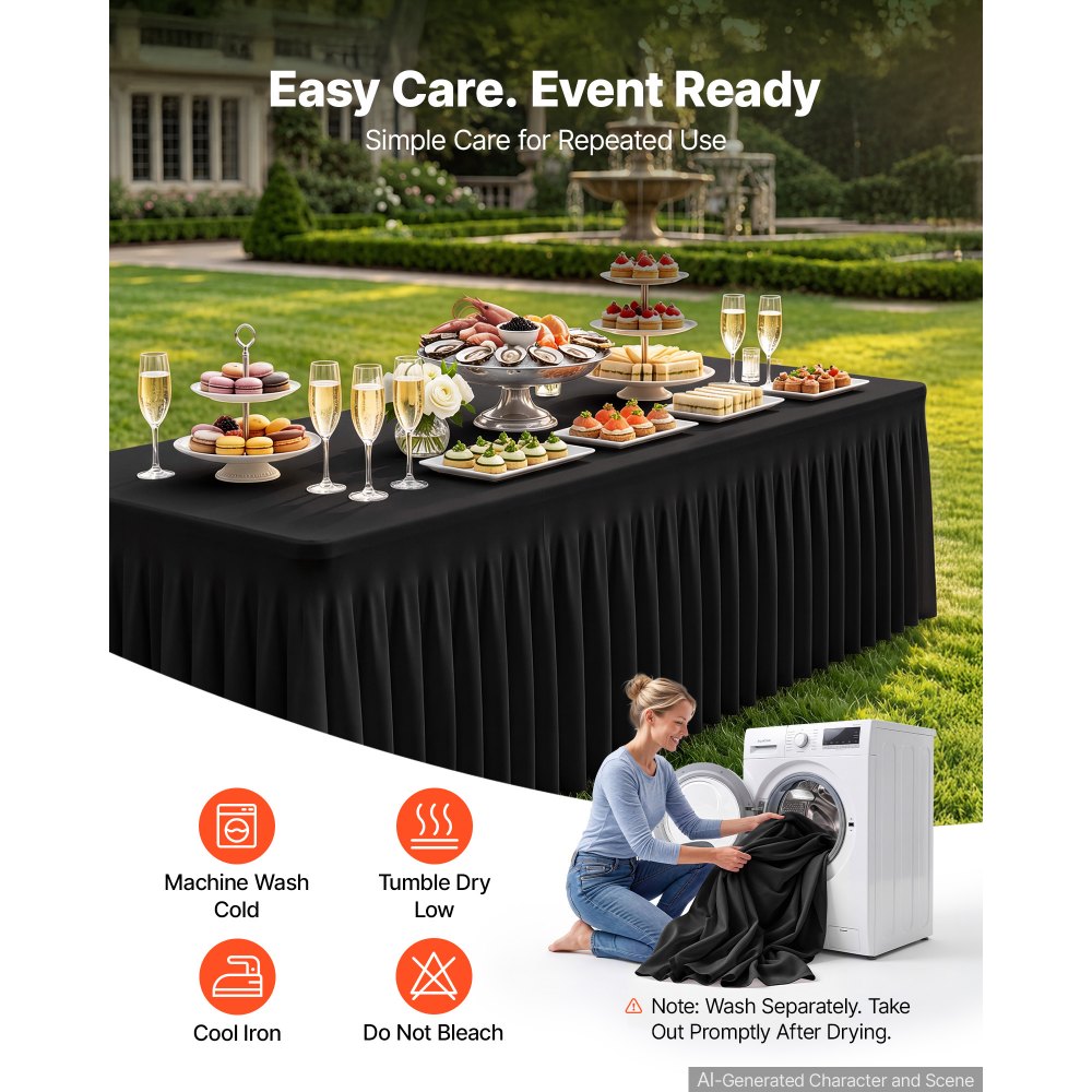 VEVOR Spandex Tablecloth with Skirt, 8 ft Rectangular Covers, 6 Pack, Black, for Party Wedding Banquet Festival, Washable, Reusable, One-Piece, Tight, Fitted Table Cloth with Pleated Skirt
