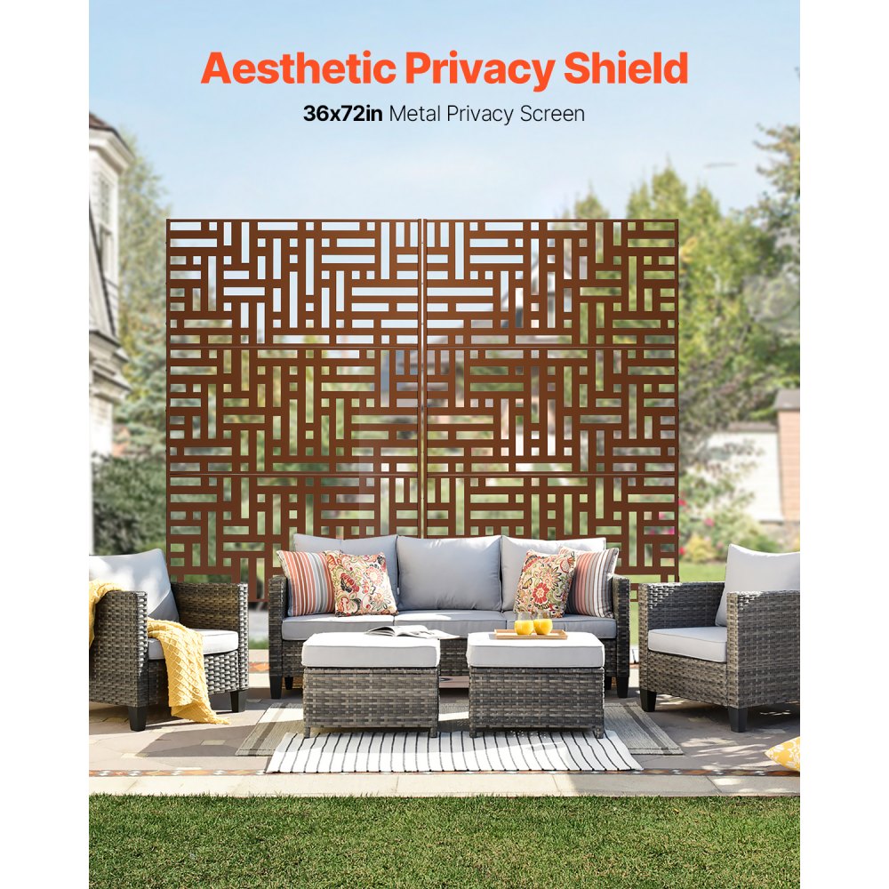 VEVOR Metal Privacy Screen, 36" W x 72" H, Outdoor Privacy Screens & Panels, Freestanding Outdoor Divider with Stand, 3-Panel Decorative Garden Steel Privacy Fence for Balcony Patio Indoor Room Brown