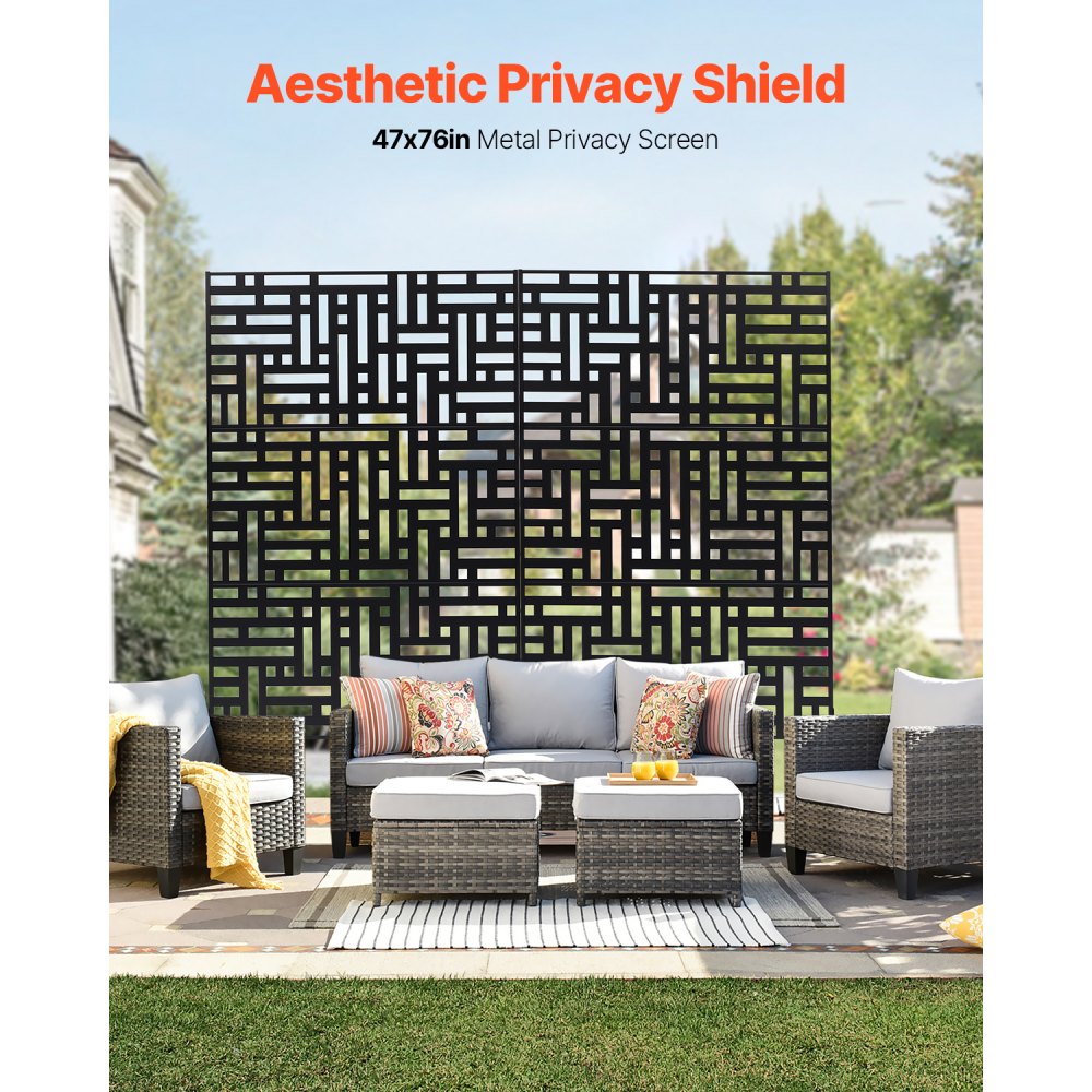 VEVOR Metal Privacy Screen, 47" W x 76" H, Outdoor Privacy Screens 3-Panel, Freestanding Outdoor Divider with Stand, Decorative Garden Steel Privacy Fence for Balcony Patio Indoor Room Hot Tub Black