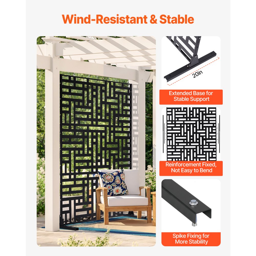 VEVOR Metal Privacy Screen, 47" W x 76" H, Outdoor Privacy Screens 3-Panel, Freestanding Outdoor Divider with Stand, Decorative Garden Steel Privacy Fence for Balcony Patio Indoor Room Hot Tub Black