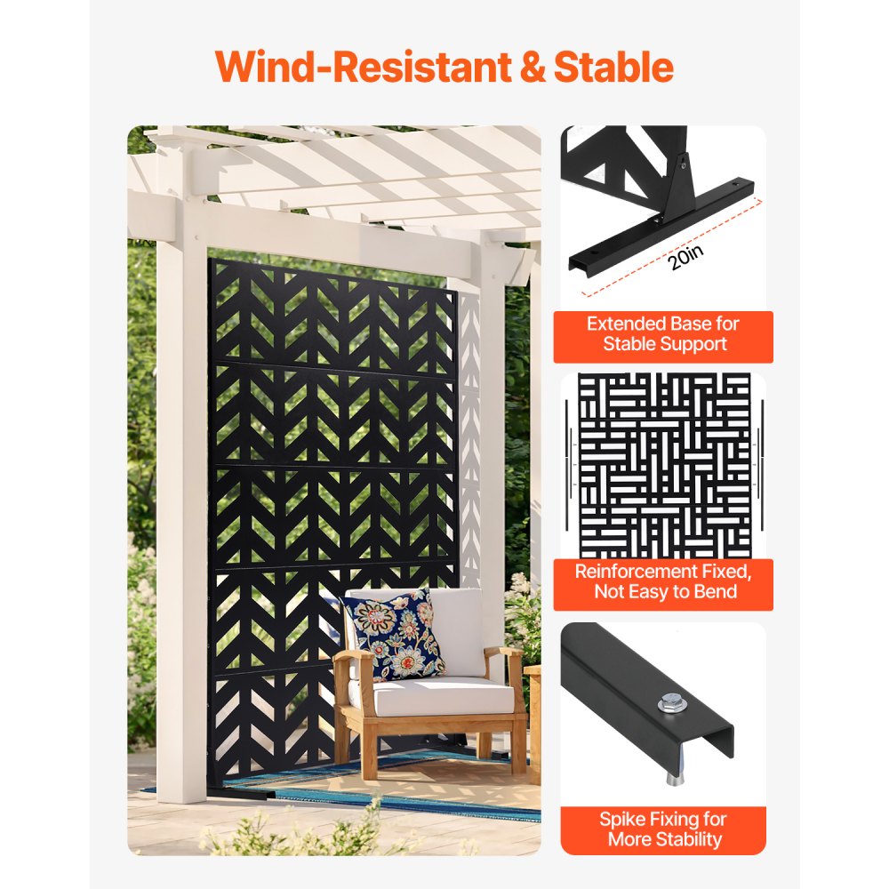 VEVOR Metal Privacy Screen, 47" W x 72" H, Outdoor Privacy Screens 5-Panel, Freestanding Outdoor Divider with Stand, Decorative Garden Steel Privacy Fence for Balcony Patio Indoor Room Black