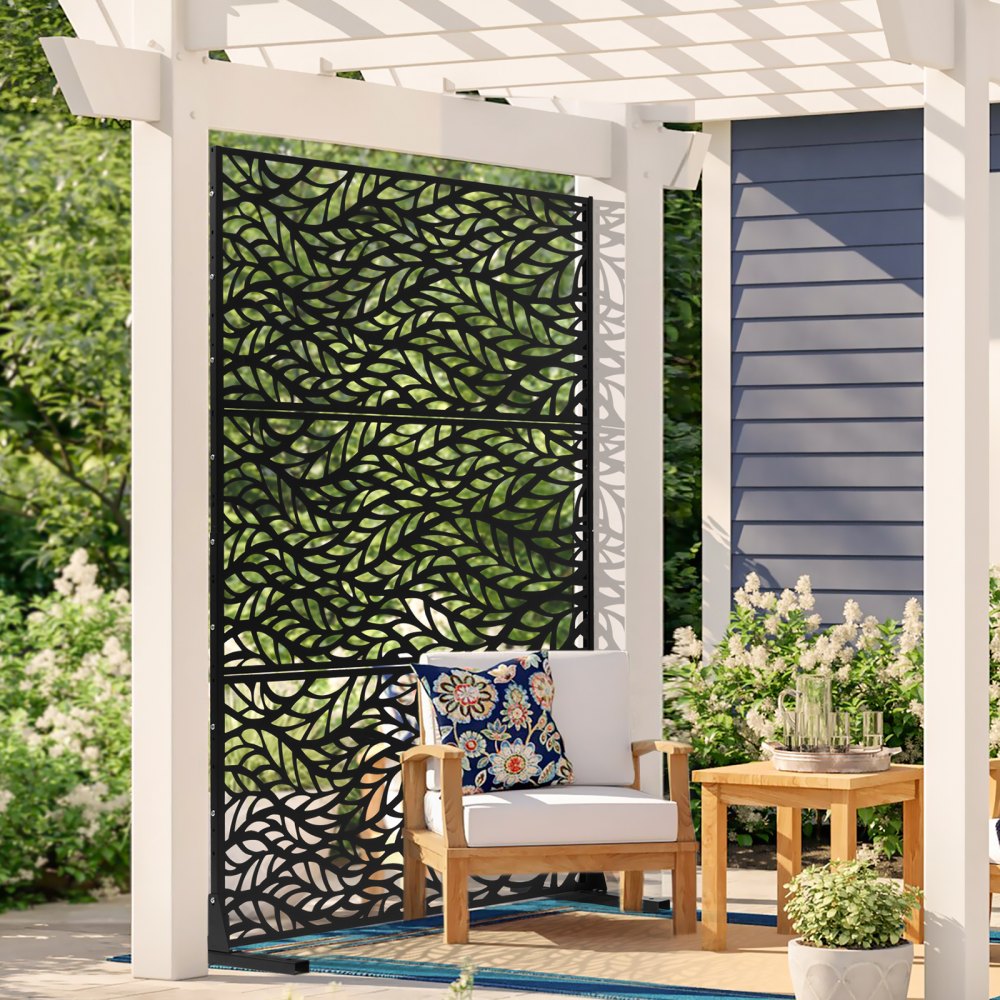 VEVOR Metal Privacy Screen, 47" W x 72" H, Outdoor Privacy Screens & Panels, Freestanding Outdoor Divider with Stand, 3-Panel Decorative Garden Steel Privacy Fence for Balcony Patio Indoor Room Black