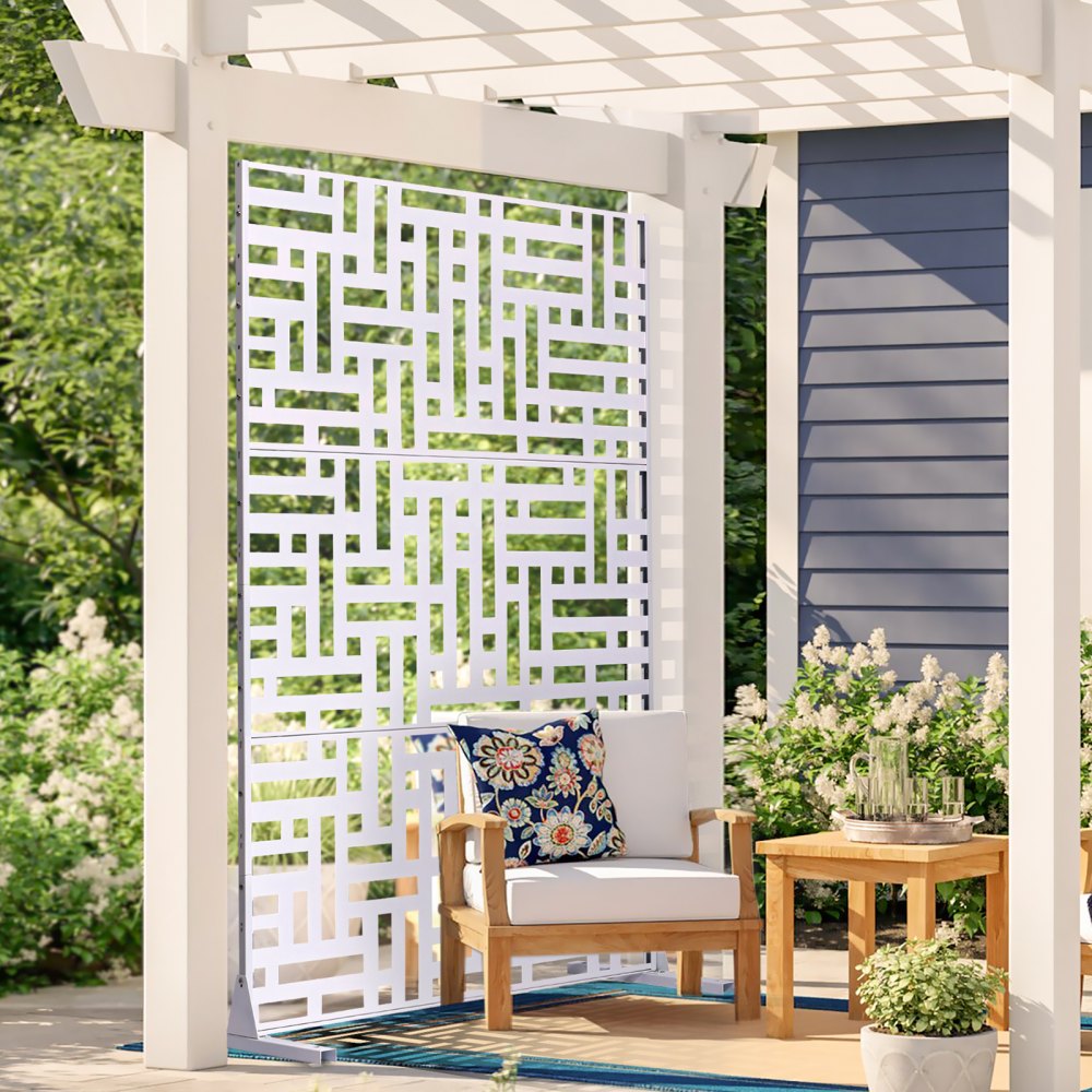 VEVOR Metal Privacy Screen, 47" W x 76" H Outdoor Privacy Screens 3-Panel, Freestanding Outdoor Divider with Stand, Decorative Garden Steel Privacy Fence for Balcony Patio Indoor Room Hot Tub White