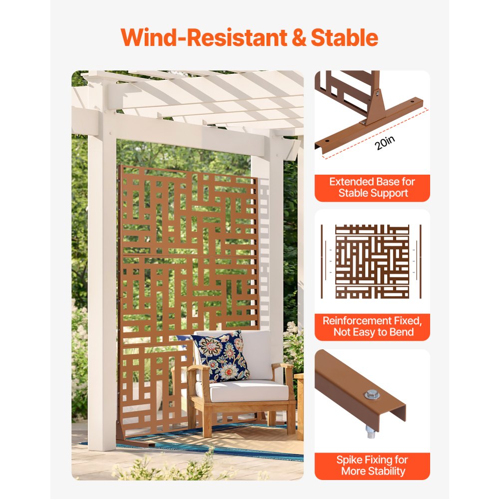 VEVOR Metal Privacy Screen, 47" W x 76" H, Outdoor Privacy Screens 3-Panel, Freestanding Outdoor Divider with Stand, Decorative Garden Steel Privacy Fence for Balcony Patio Indoor Room Hot Tub Brown