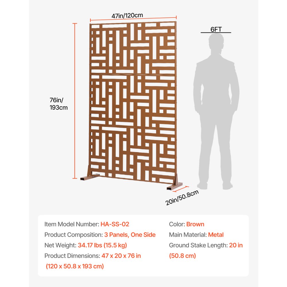 VEVOR Metal Privacy Screen, 47" W x 76" H, Outdoor Privacy Screens 3-Panel, Freestanding Outdoor Divider with Stand, Decorative Garden Steel Privacy Fence for Balcony Patio Indoor Room Hot Tub Brown
