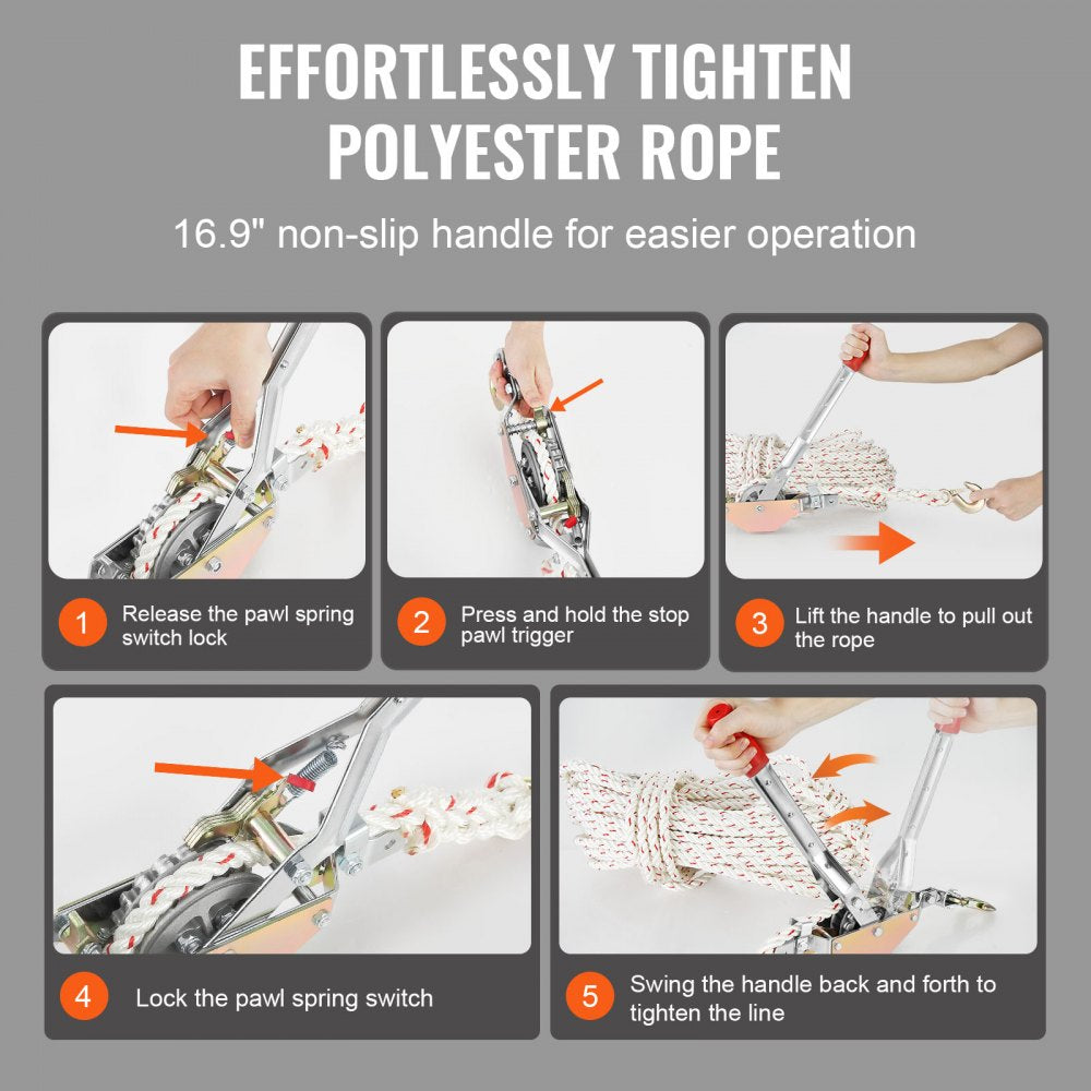 VEVOR Rope Puller, 3/4 Ton (1,653 lbs) Pulling Capacity, with 100' of 0.6" dia. Rope, 2 Hook, Come Along Winch, Heavy Duty Ratchet Power Puller Tool for Moving Boats, Securing Items, Transporting Logs