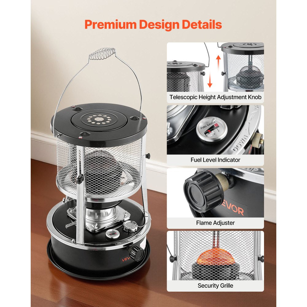 VEVOR 9000 BTU Portable Kerosene Heater & Stove, 2 in 1 Non-Electric Indoor Outdoor Heater with Adjustable Height & Flame & Easy Storage,for Camping, Hunting, Cooking, Home, Garage, Black