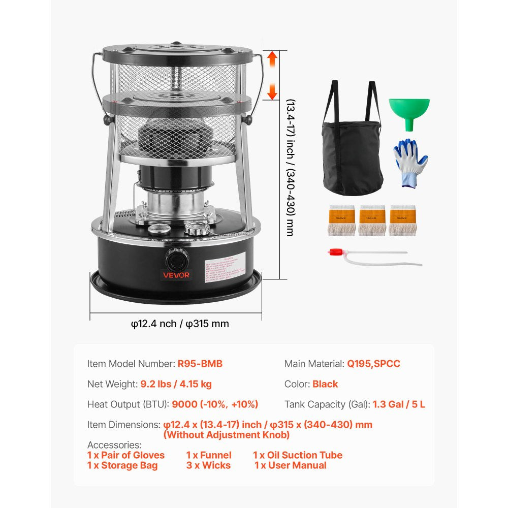 VEVOR 9000 BTU Portable Kerosene Heater & Stove, 2 in 1 Non-Electric Indoor Outdoor Heater with Adjustable Height & Flame & Easy Storage,for Camping, Hunting, Cooking, Home, Garage, Black