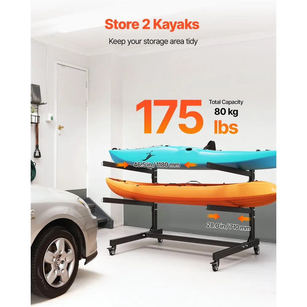 VEVOR Kayak Storage Rack for 2 Kayaks, Holds 175 lbs, Heavy Duty Adjustable Freestanding Stand with Lockable Wheels for Indoor Outdoor Garage Shed Dock, Holder for Canoe, SUP, Surfboard & Paddleboard