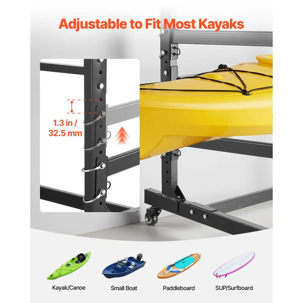VEVOR Kayak Storage Rack for 2 Kayaks, Holds 175 lbs, Heavy Duty Adjustable Freestanding Stand with Lockable Wheels for Indoor Outdoor Garage Shed Dock, Holder for Canoe, SUP, Surfboard & Paddleboard