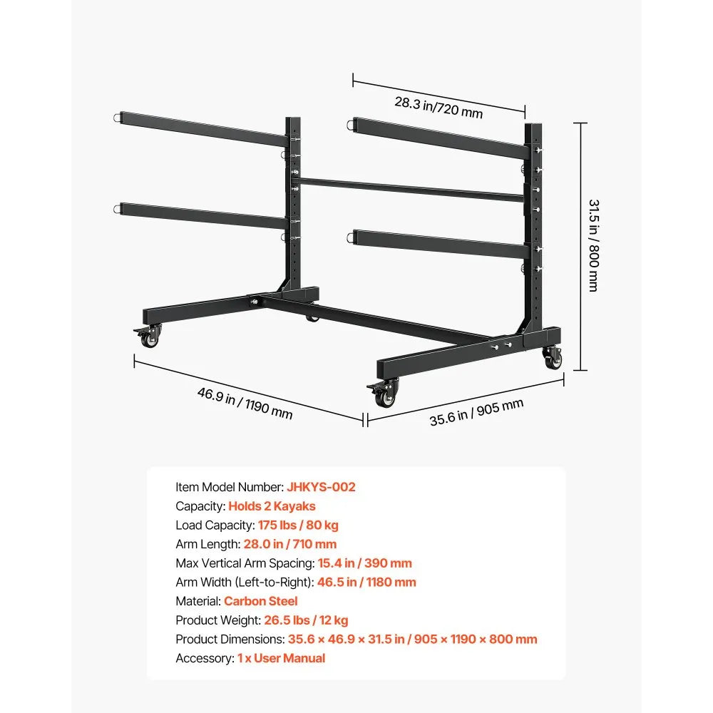 VEVOR Kayak Storage Rack for 2 Kayaks, Holds 175 lbs, Heavy Duty Adjustable Freestanding Stand with Lockable Wheels for Indoor Outdoor Garage Shed Dock, Holder for Canoe, SUP, Surfboard & Paddleboard