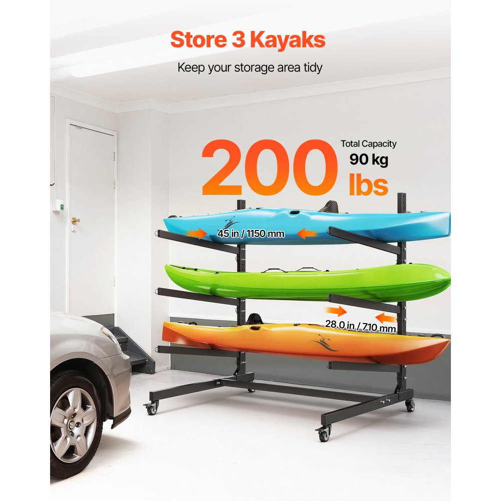 VEVOR Kayak Storage Rack for 3 Kayaks, Holds 200 lbs, Heavy Duty Adjustable Freestanding Stand with Lockable Wheels for Indoor Outdoor Garage Shed Dock, Holder for Canoe, SUP, Surfboard & Paddleboard