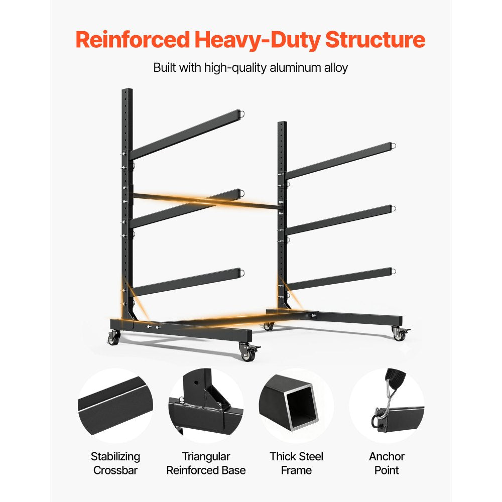 VEVOR Kayak Storage Rack for 3 Kayaks, Holds 200 lbs, Heavy Duty Adjustable Freestanding Stand with Lockable Wheels for Indoor Outdoor Garage Shed Dock, Holder for Canoe, SUP, Surfboard & Paddleboard