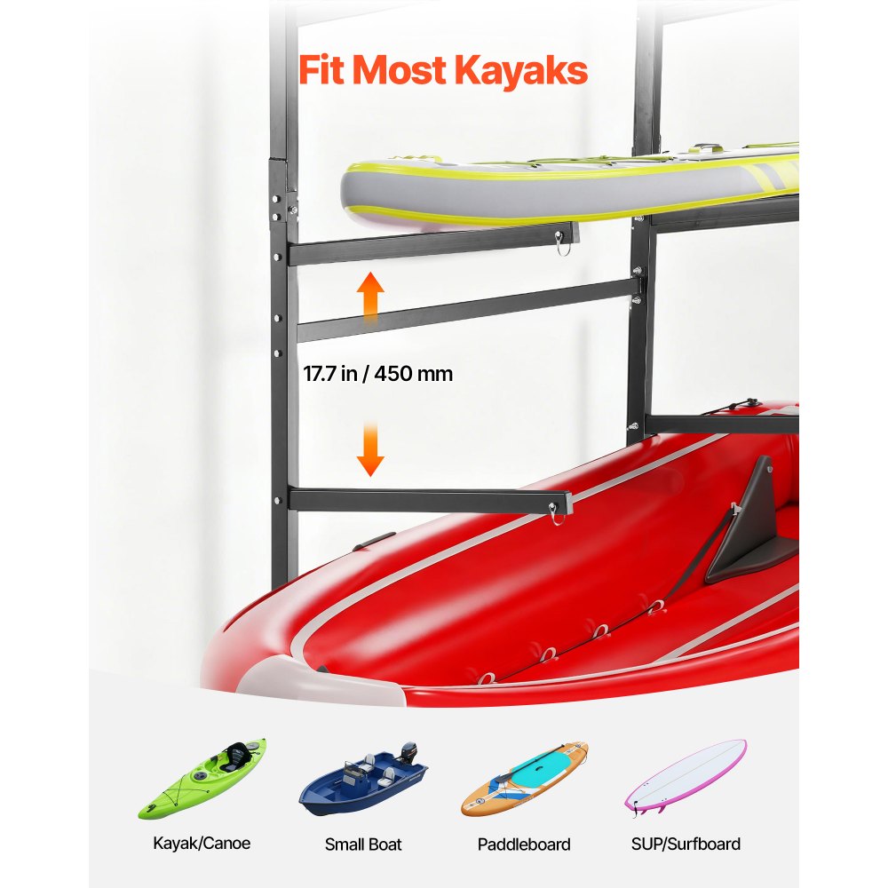 VEVOR Kayak Storage Rack for 4 Kayaks, Holds 220 lbs, Heavy Duty Freestanding Stand for Indoor Outdoor Garage Shed Dock, Storage Rack Stand Holder for Canoe, Small Boat, SUP, Surfboard & Paddleboard