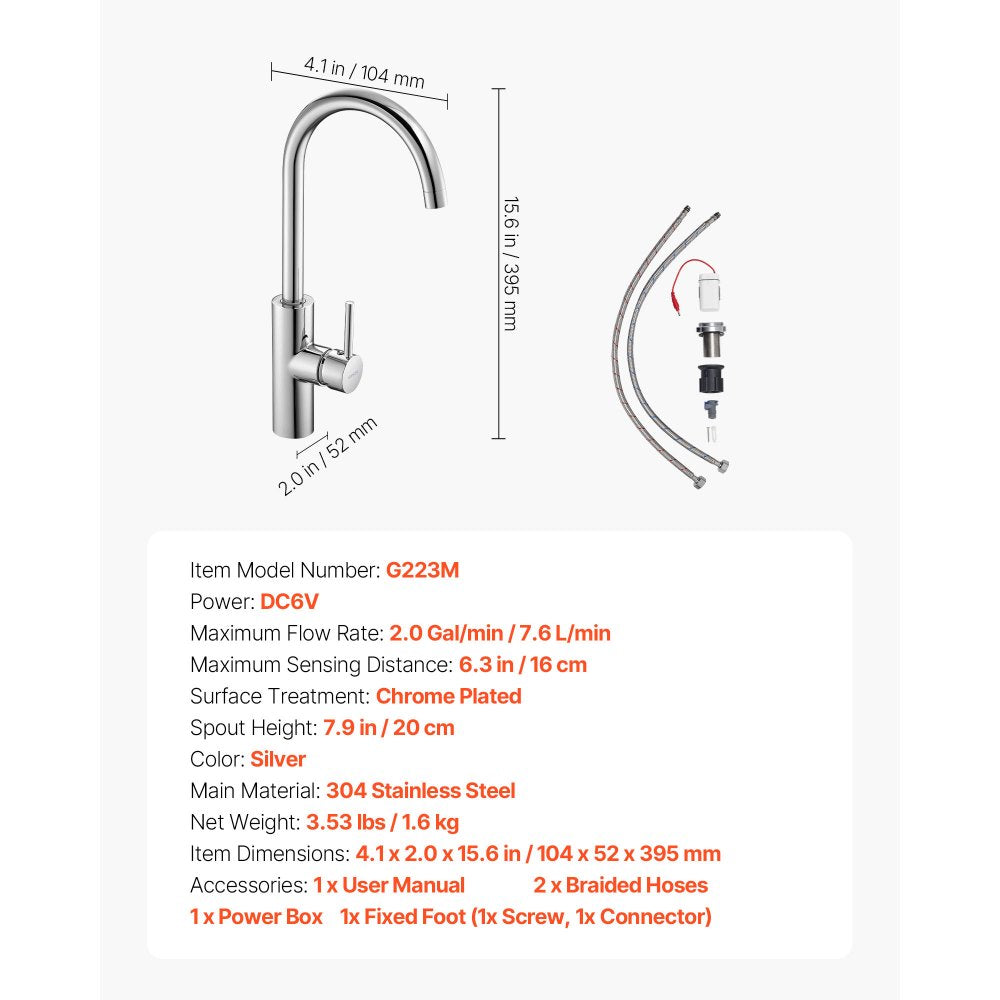 VEVOR Touchless Kitchen Bar Sink Faucet, Single Handle Automatic Motion Sensor Bathroom Faucet, Hands-Free Adjustable Cold Hot Water Mixer Flexible Swivel for 9/16 in Pipe,Chrome Plated Silver