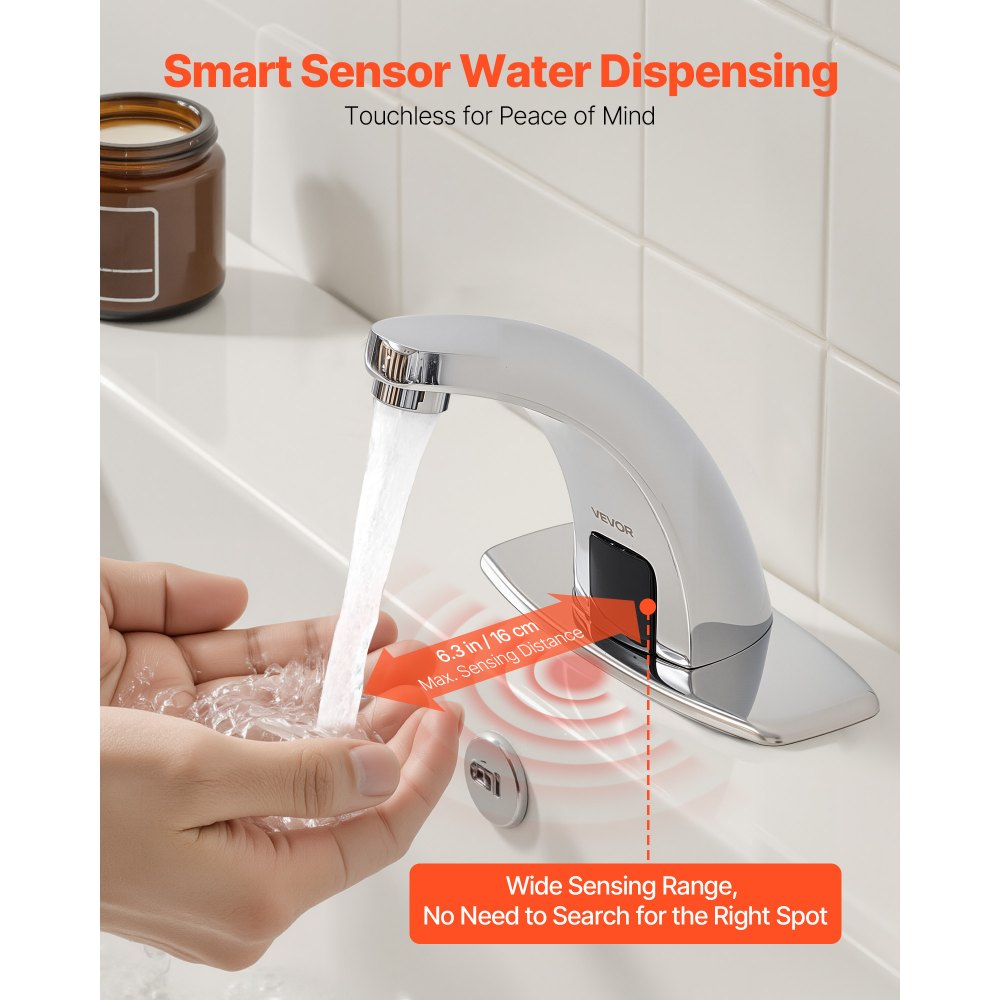 VEVOR Touchless Bathroom Sink Faucet, Automatic Motion Sensor Restroom Toilet Faucet Cold Water with Hole Cover Plate, Battery Operated for 9/16 in Pipe Commercial Lavatory,Chrome Plated Silver,G233M