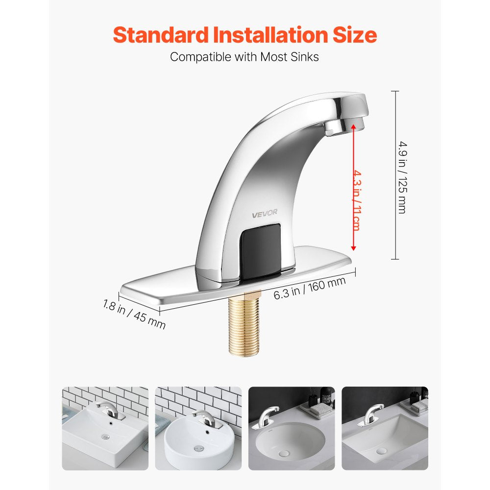 VEVOR Touchless Bathroom Sink Faucet, Automatic Motion Sensor Restroom Toilet Faucet Cold Water with Hole Cover Plate, Battery Operated for 9/16 in Pipe Commercial Lavatory,Chrome Plated Silver,G233M