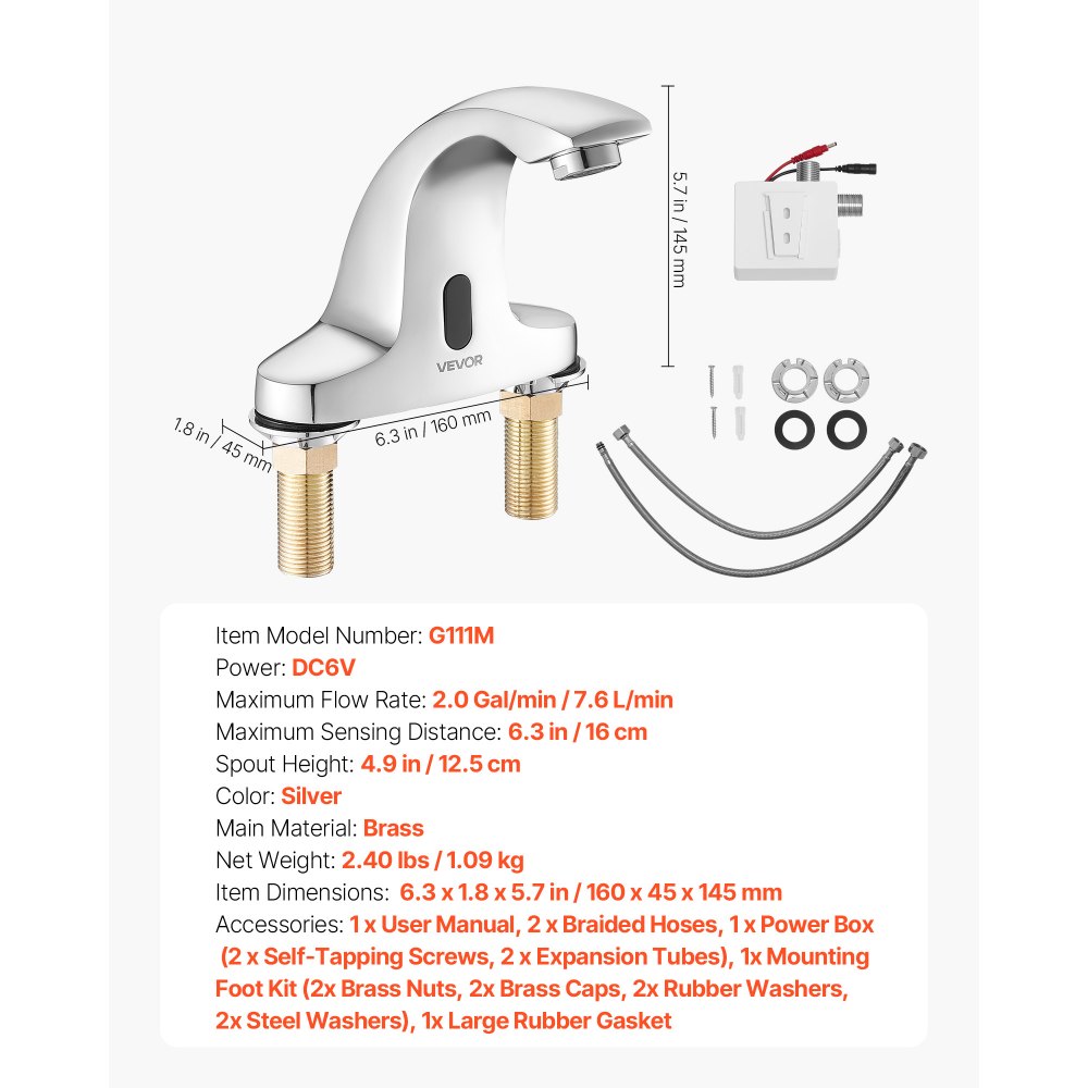 VEVOR Touchless Bathroom Sink Faucet, Automatic Motion Sensor Restroom Toilet Faucet Cold Water with Hole Cover Plate, Battery Operated for 9/16 in Pipe Commercial Lavatory,Chrome Plated Silver