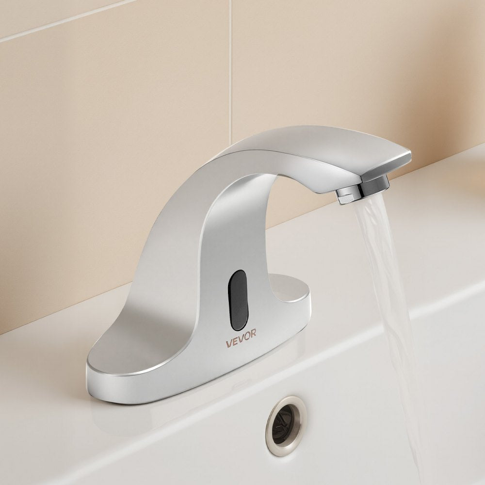 VEVOR Touchless Bathroom Sink Faucet, Automatic Motion Sensor Restroom Toilet Faucet Cold Water with Hole Cover Plate, Battery Operated for 9/16 in Pipe Commercial Lavatory,Chrome Plated Silver