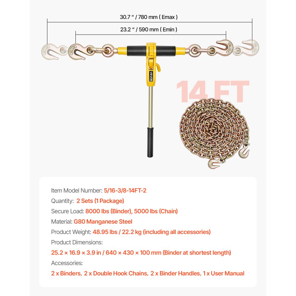 VEVOR Ratchet Chain Binder, 5/16 in x 14 ft G80 Chains, 8000 lbs Working Load of Ratchet Load Binder, Chains and Binders Set, Tie Down Hauling Chain Binders for Hauling, Towing, Logging (2 Sets)