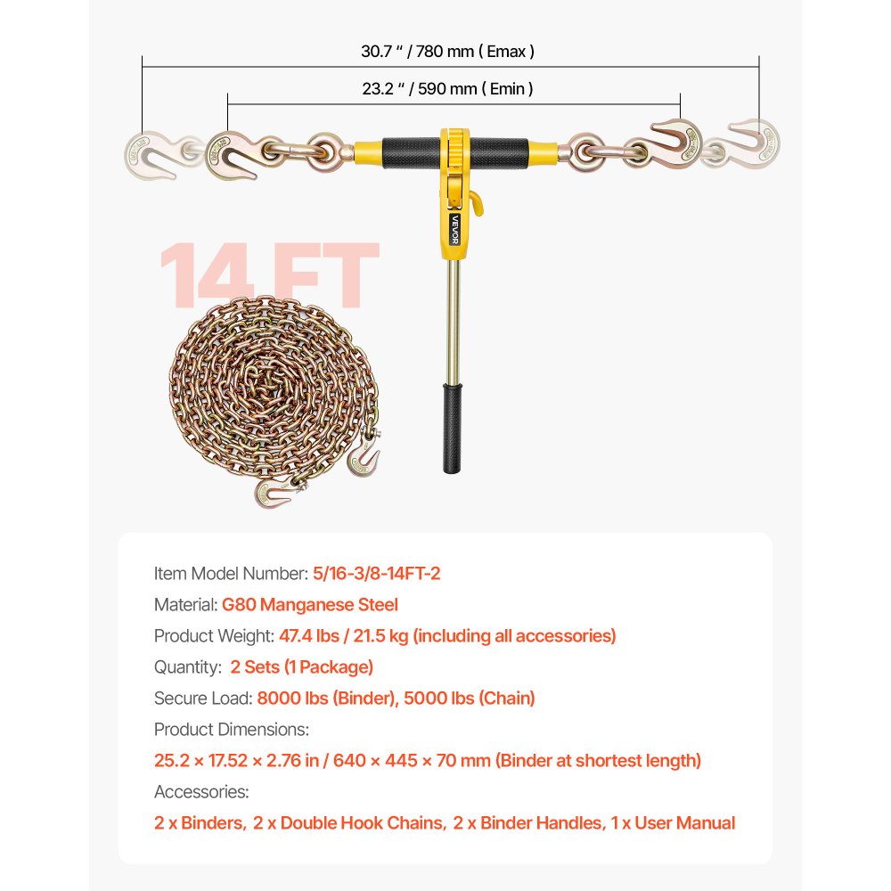VEVOR Ratchet Chain Binder, 5/16 in x 12.8 ft G80 Chains, 8000 lbs Working Load of Ratchet Load Binder, Chains and Binders Set, Tie Down Hauling Chain Binders for Hauling, Towing, Logging (2 Sets)