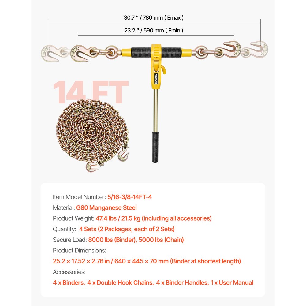 VEVOR Ratchet Chain Binder, 5/16 in x 12.8 ft G80 Chains, 8000 lbs Working Load of Ratchet Load Binder, Chains and Binders Set, Tie Down Hauling Chain Binders for Hauling, Towing, Logging (4 Sets)