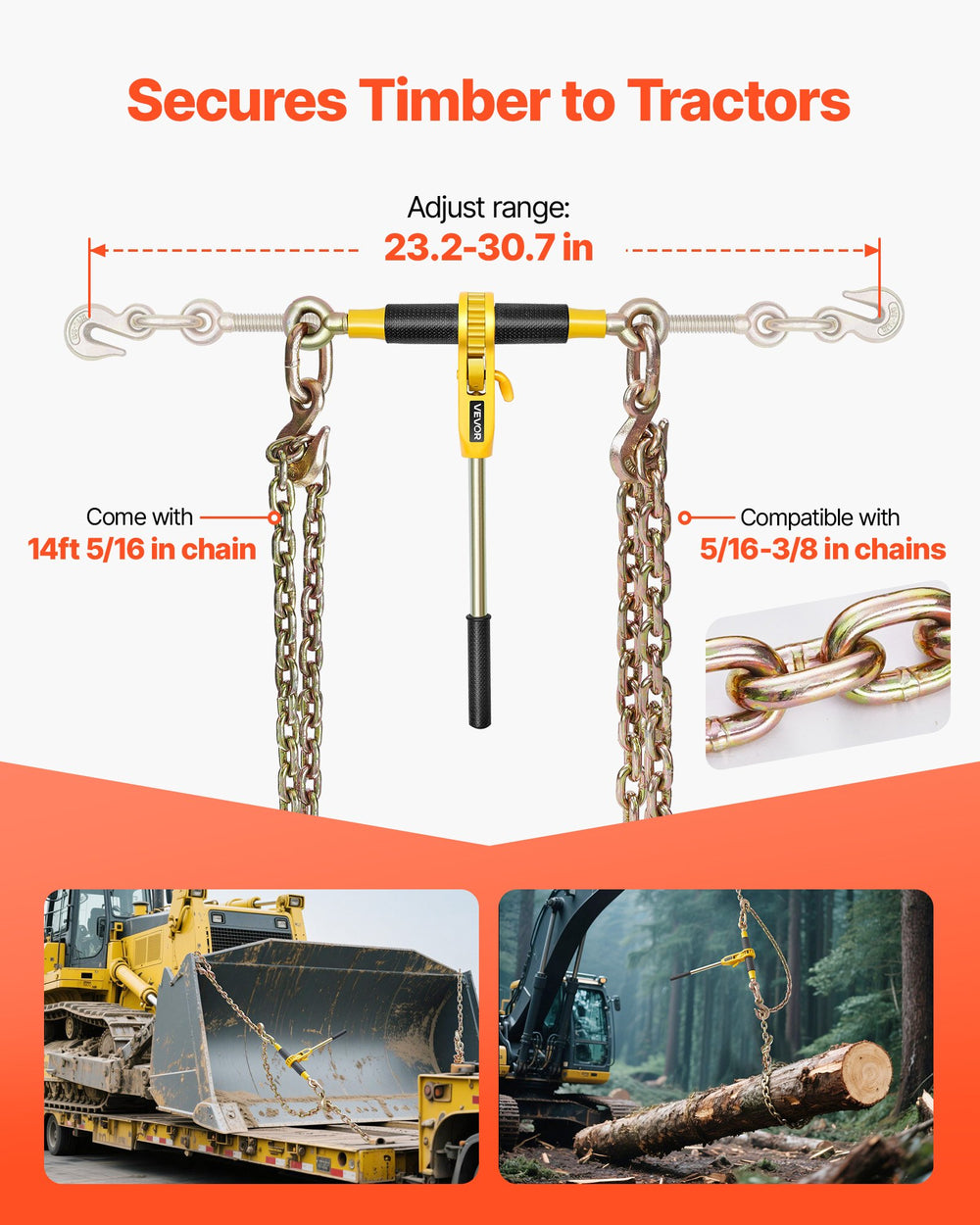 VEVOR Ratchet Chain Binder, 5/16 in x 12.8 ft G80 Chains, 8000 lbs Working Load of Ratchet Load Binder, Chains and Binders Set, Tie Down Hauling Chain Binders for Hauling, Towing, Logging (4 Sets)