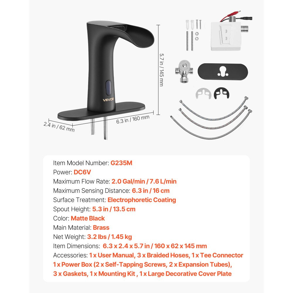 VEVOR Touchless Bathroom Sink Faucet, Automatic Motion Sensor Waterfall Restroom Toilet Faucet with Hole Cover Plate, Modern Electronic Sensor Hot/Cold Water for 9/16 in Pipe Commercial,Matte Black