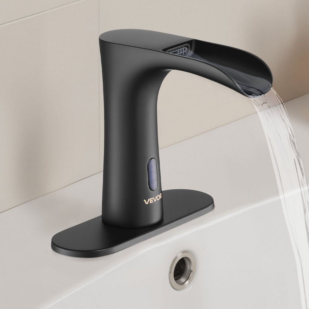 VEVOR Touchless Bathroom Sink Faucet, Automatic Motion Sensor Waterfall Restroom Toilet Faucet with Hole Cover Plate, Modern Electronic Sensor Hot/Cold Water for 9/16 in Pipe Commercial,Matte Black