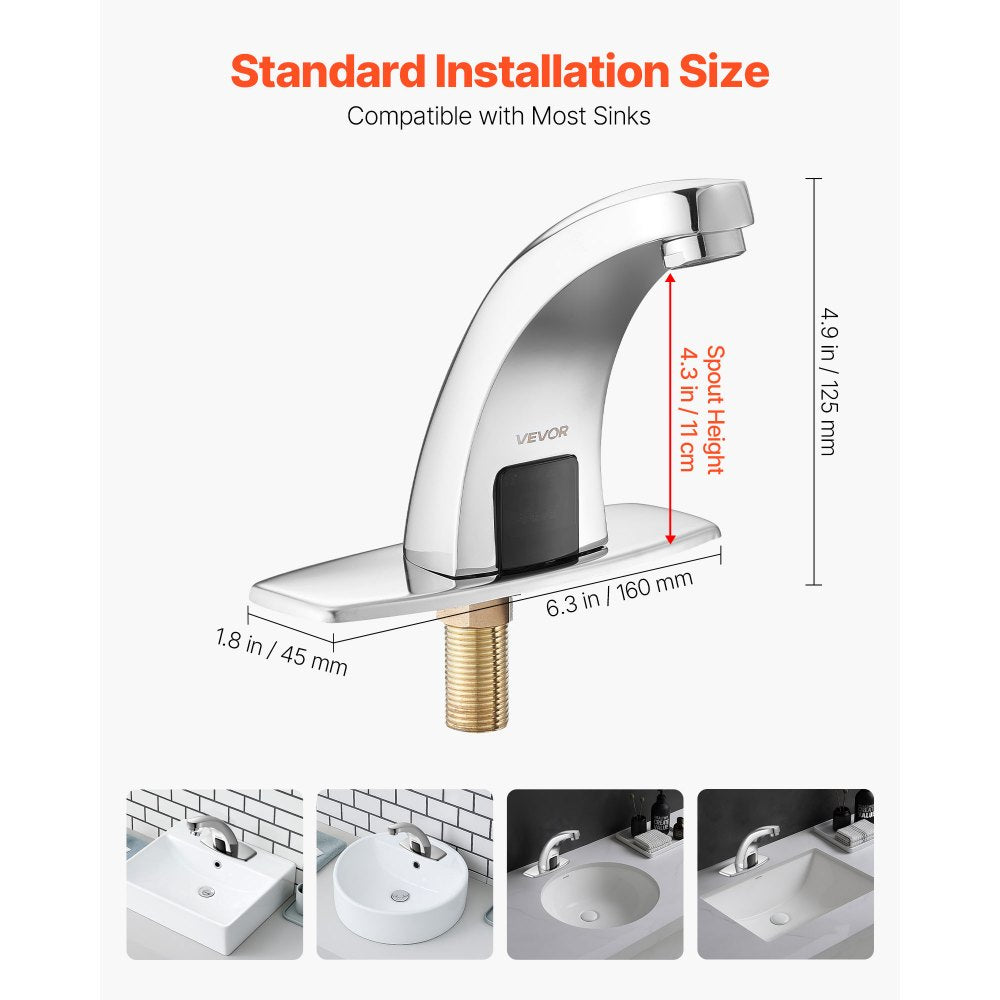 VEVOR Touchless Bathroom Sink Faucet, Automatic Motion Sensor Restroom Toilet Faucet with Hole Cover Plate, Battery Operated,Hot/Cold Water for 9/16 in Pipe Commercial Lavatory,Chrome Plated Silver