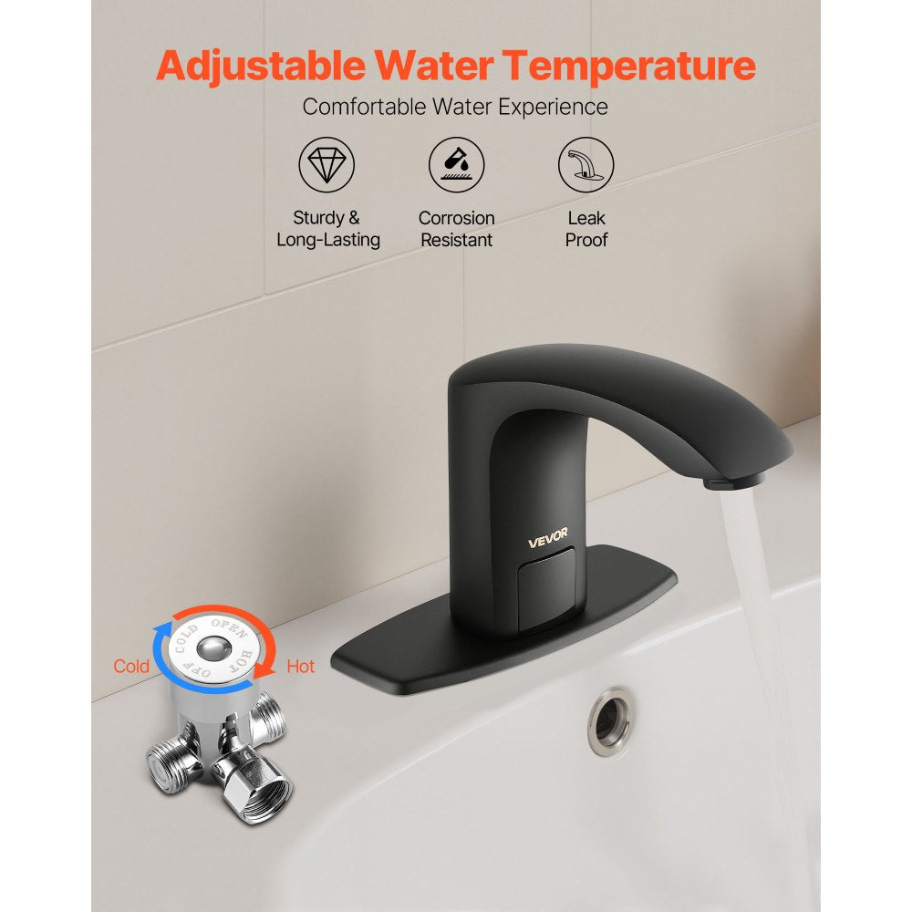 VEVOR Touchless Bathroom Sink Faucet, Automatic Motion Sensor Restroom Toilet Faucet with Hole Cover Plate, Battery Operated,Adjustable Temperature for 9/16 in Pipe Commercial Lavatory,Matte Black