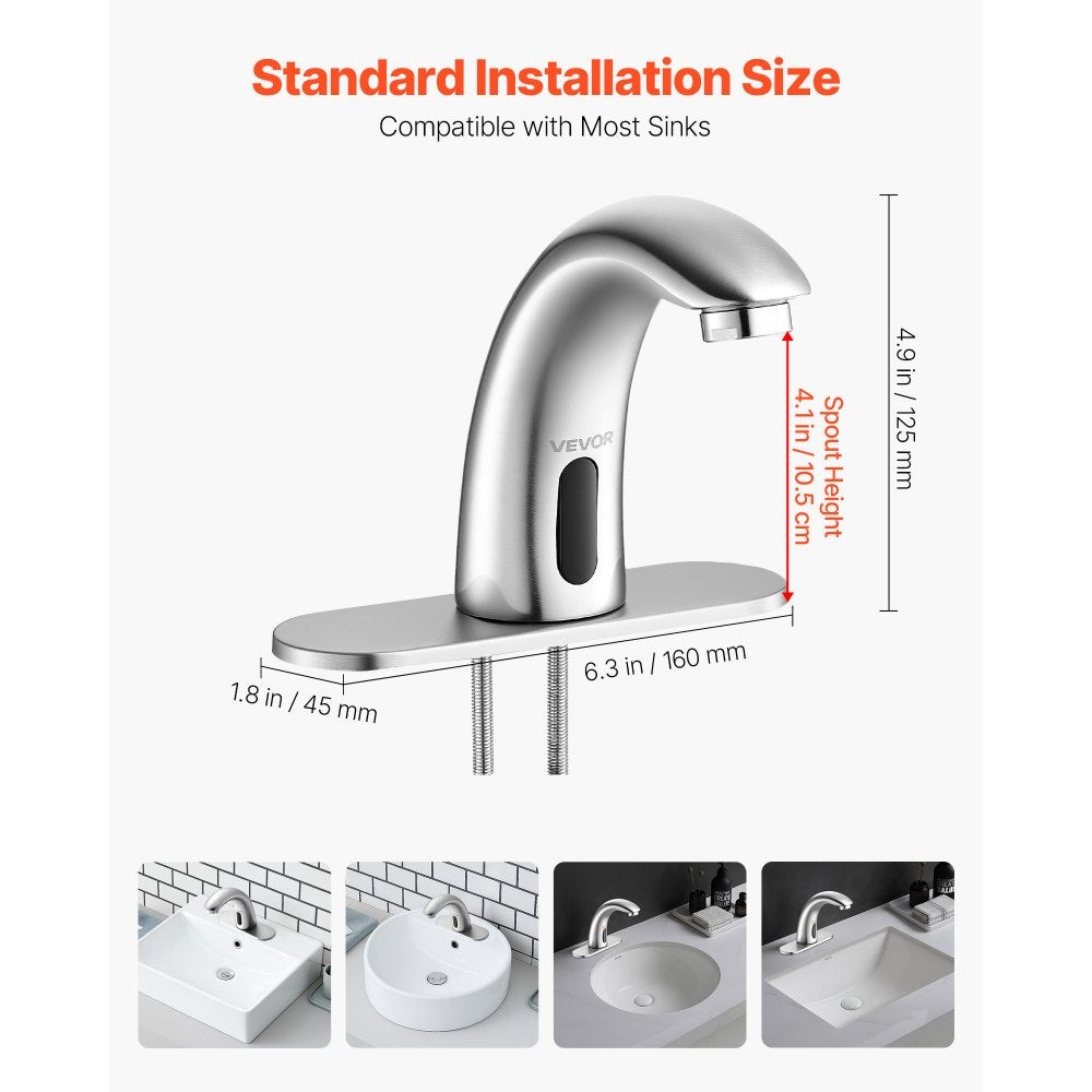 VEVOR Touchless Bathroom Sink Faucet, Automatic Motion Sensor Restroom Toilet Faucet with Hole Cover Plate, Battery Operated,Adjustable Temp for 9/16 in Pipe Commercial Lavatory,Brushed Nickel Silver
