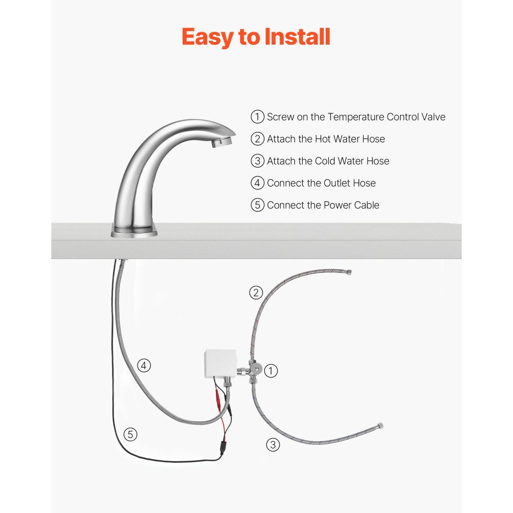 VEVOR Touchless Bathroom Sink Faucet, Automatic Motion Sensor Restroom Toilet Faucet with Hole Cover Plate, Battery Operated,Adjustable Temp for 9/16 in Pipe Commercial Lavatory,Brushed Nickel Silver