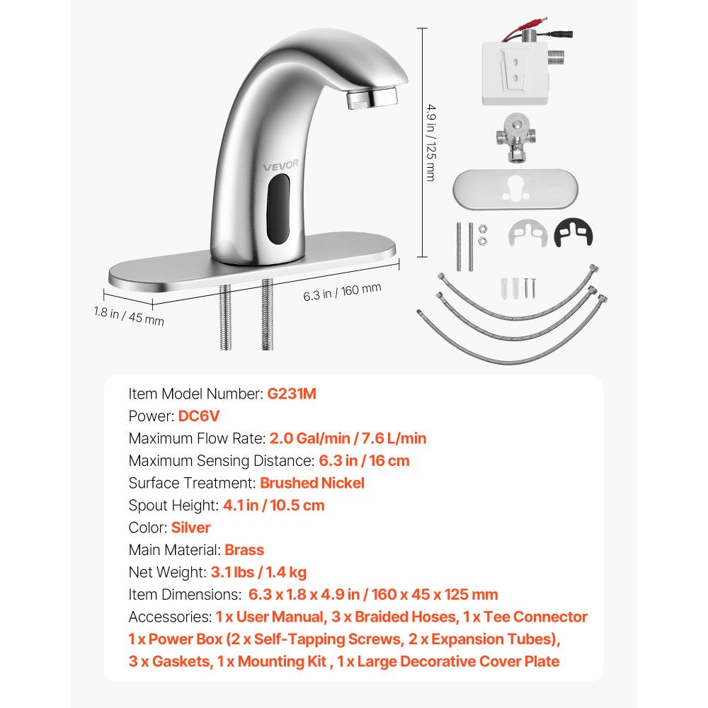 VEVOR Touchless Bathroom Sink Faucet, Automatic Motion Sensor Restroom Toilet Faucet with Hole Cover Plate, Battery Operated,Adjustable Temp for 9/16 in Pipe Commercial Lavatory,Brushed Nickel Silver