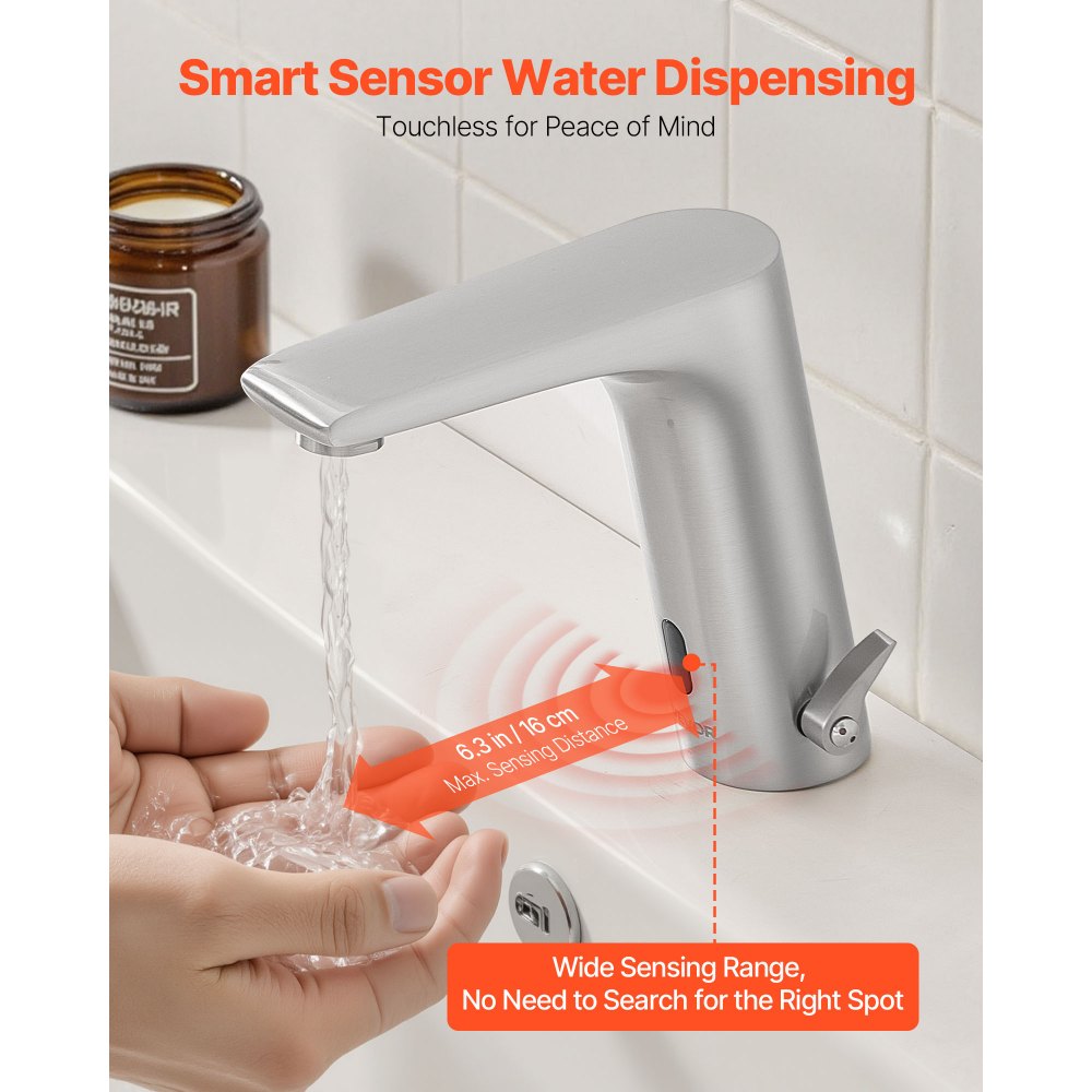 VEVOR Touchless Bathroom Sink Faucet, Automatic Motion Sensor Restroom Toilet Faucet, HandsFree Adjustable Cold Hot Single Handle Water Mixer Battery Operated for 9/16 in Pipe,Brushed Nickel Silver