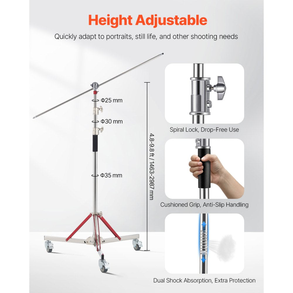 VEVOR Heavy Duty Light Stand with Casters, Max Height 10.5 ft/320 cm, Adjustable Tripod Stand with Stainless Steel, Photography Wheeled Base Stand, for Studio Softbox, Monolight, Reflector Shooting