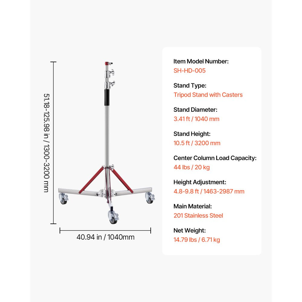 VEVOR Heavy Duty Light Stand with Casters, Max Height 10.5 ft/320 cm, Adjustable Tripod Stand with Stainless Steel, Photography Wheeled Base Stand, for Studio Softbox, Monolight, Reflector Shooting