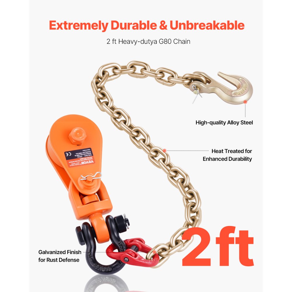 VEVOR 2 Ton Snatch Block with G80 Chain, Swivel Shackle, 3" Sheave for 3/8" Wire Rope, Snatch Block Pulley for Towing and Recovery Applications on Flatbed Tow Truck Rollback Wrecker Car Carrier Cable