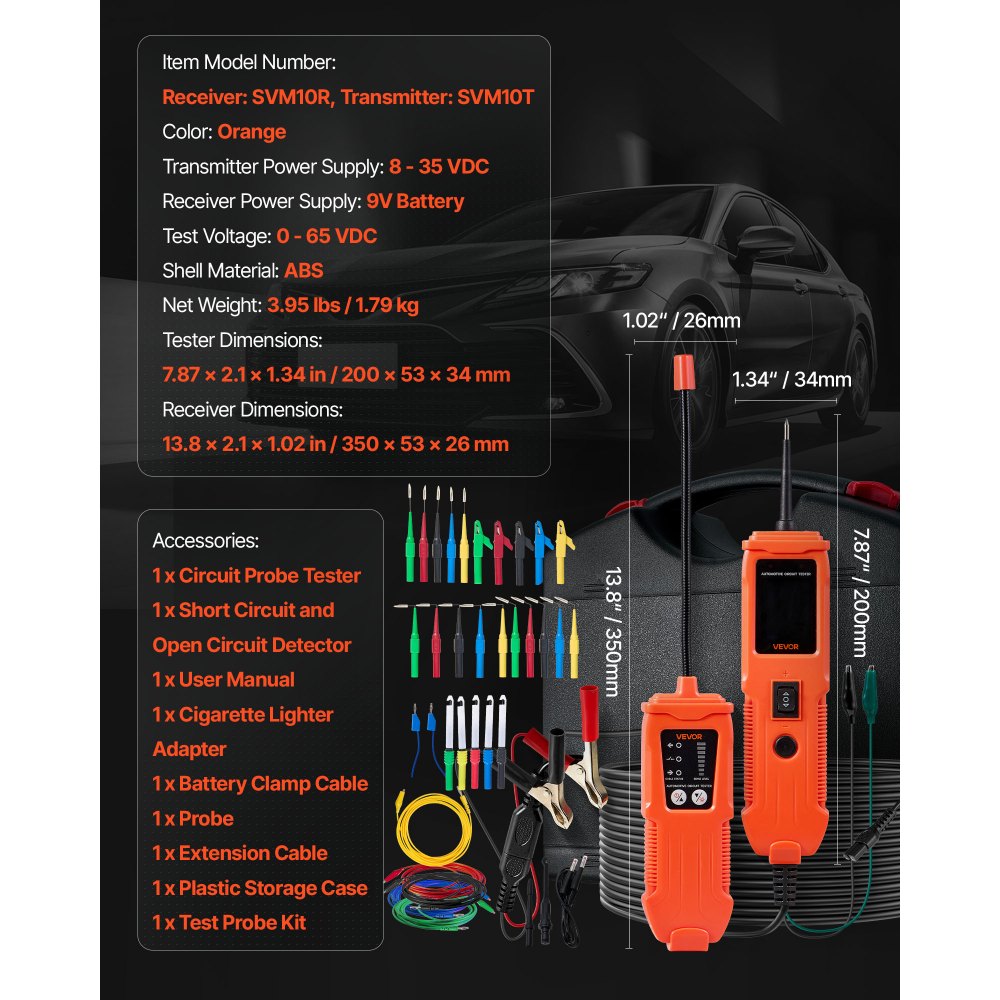 VEVOR Automotive Circuit Tester Kit, 8 - 35 DCV Power Circuit Probe Tester with TFT Color Display and Lighting, 2-in-1 Electrical Automotive Power Tester Probe with 19.7 ft / 6 m Extension Cable