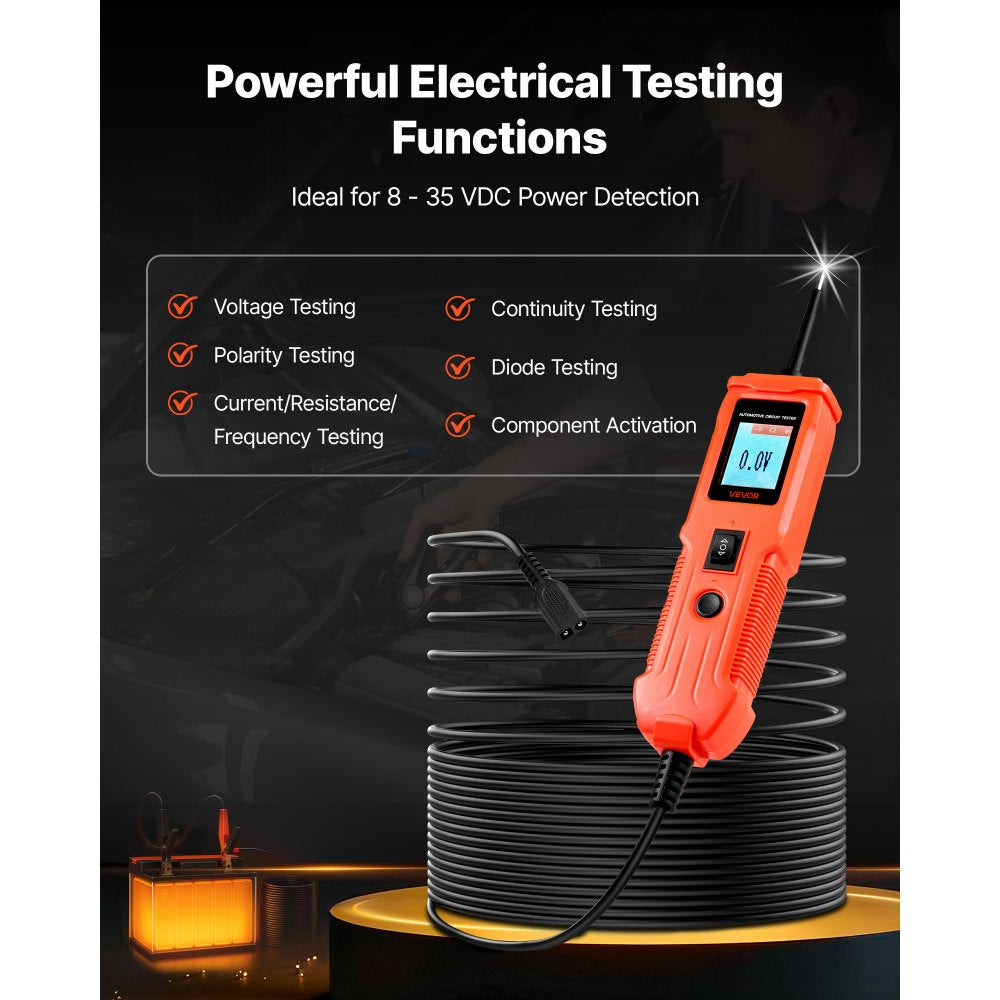 VEVOR Automotive Circuit Tester, 8 - 35 DCV Power Circuit Probe Tester with TFT Color Display and Lighting, Automotive Power Tester Probe with 13 ft / 4 m Cable, ABS Shell Electrical Detector Finder