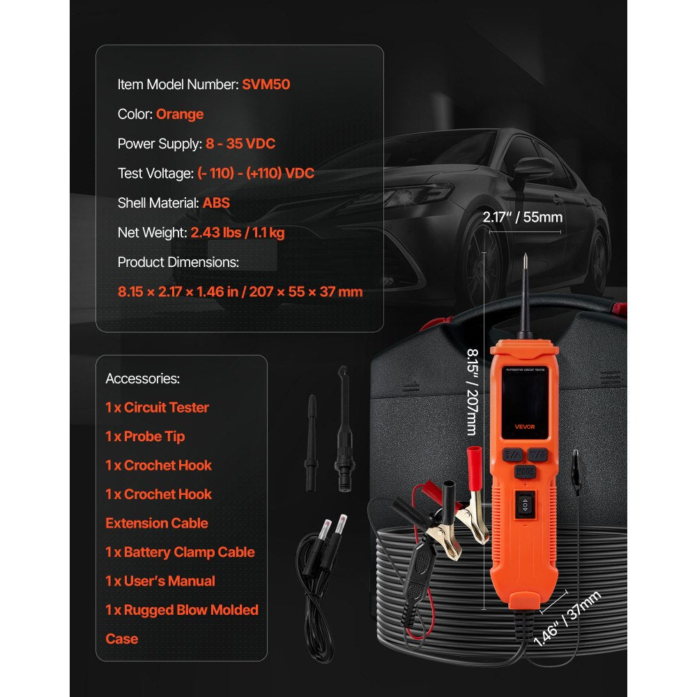 VEVOR Automotive Circuit Tester, 8 - 35 DCV Power Circuit Probe Tester with TFT Color Display and Lighting, Automotive Power Tester Probe with 19.7 ft / 6 m Cable, 2-in-1 Electrical Detector Finder