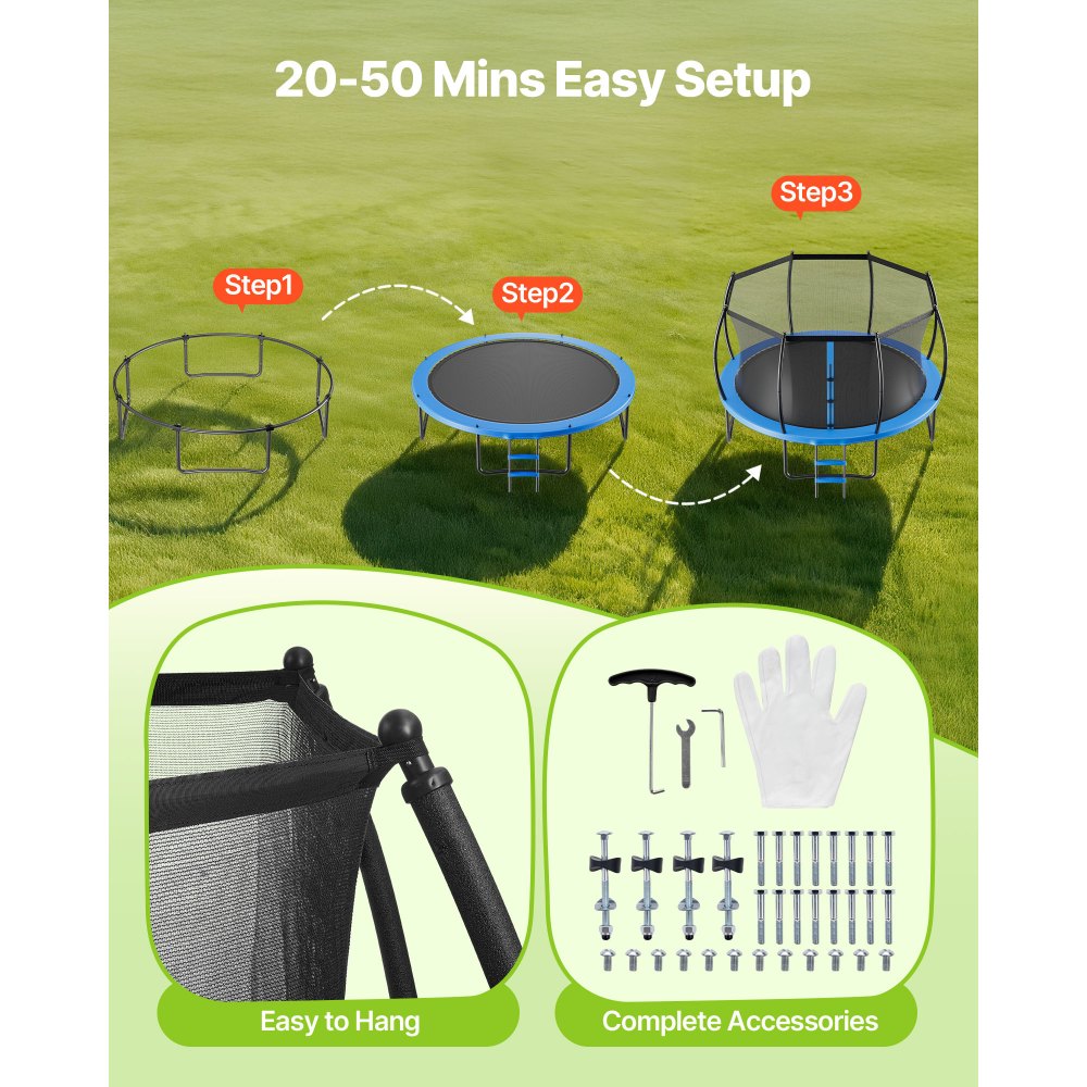 VEVOR outdoor trampoline (informational image: 20–50 minutes easy setup, included accessories)