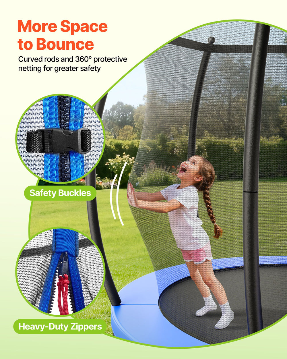 More space to bounce (safety buckles and heavy-duty zippers graphic)