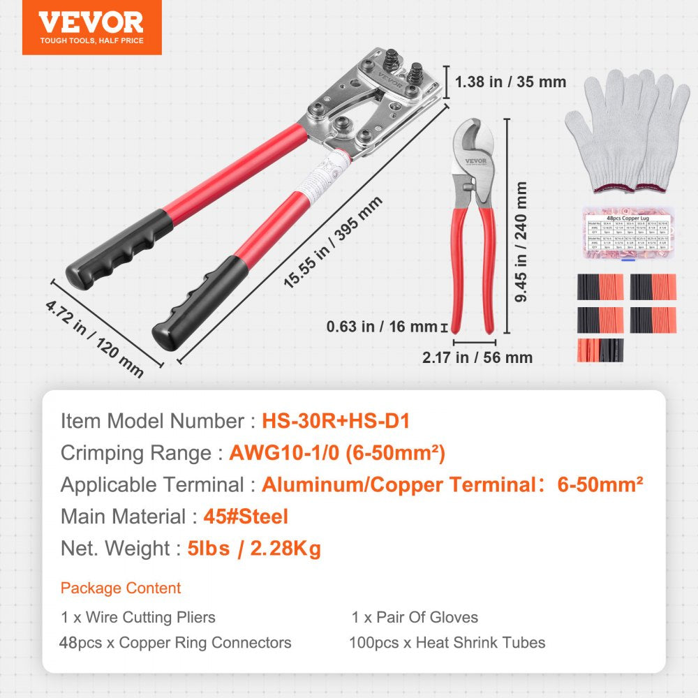 VEVOR Battery Cable Lug Crimping Tool, 10-1/0AWG with Cable Cutter and 48PCS Copper Ring Terminals, 6 Wire Sizes Crimping Die and 100pcs Heat Shrink Tubes, for Heavy Duty Wire Lugs